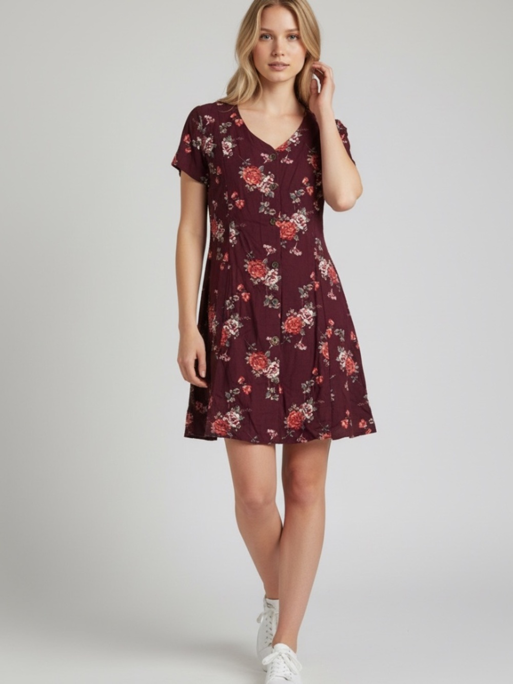 Rewind 90s Style Burgundy Floral Mini Dress Size Large